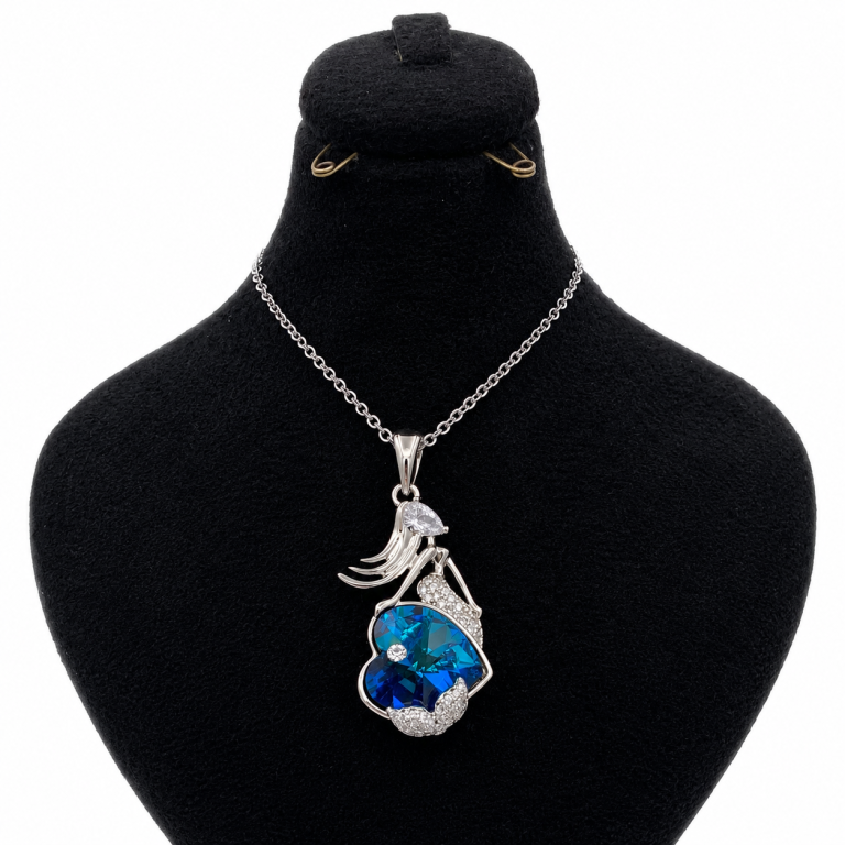 آویز ژوپینگ پری دریایی با کریستال قلب آبی درخشان و نگین‌های اتریشی مخراج شده، رنگ ثابت و ضد حساسیت