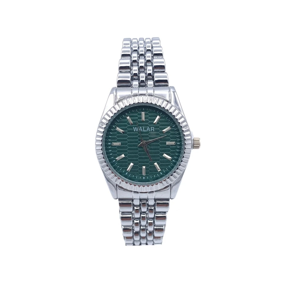 walar-women-kYW005w-green-dial.webp ساعت مچی زنانه WALAR مدل KYW005W با صفحه سبز و بند استیل نقرهای